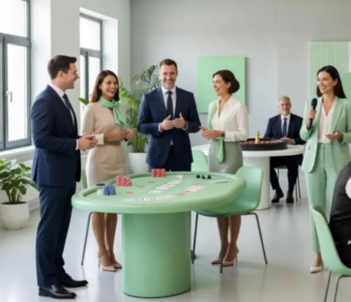Elegancki event firmowy Wonderstar s. r. o. z mobilnymi stołami do gier i uśmiechniętymi uczestnikami
