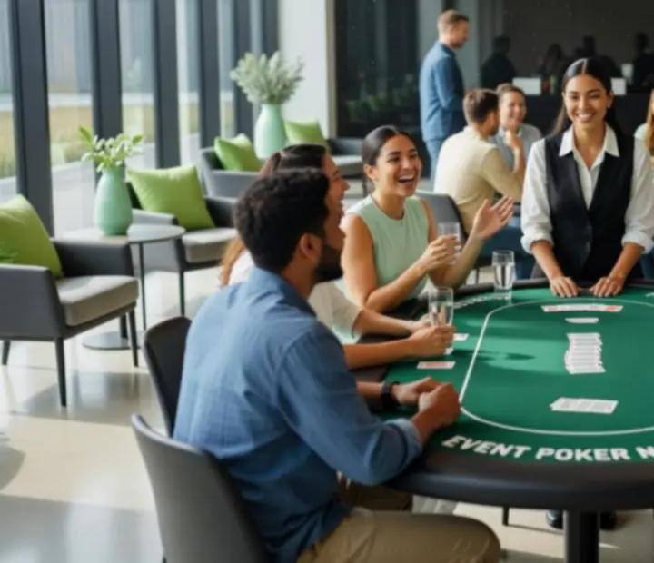 Goście bawiący się przy mobilnym stole pokerowym na evencie