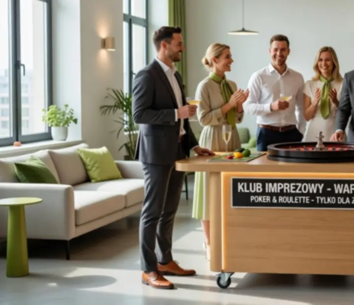 Goście bawiący się przy mobilnych stołach z żetonami i kartami