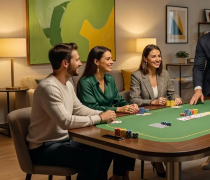 Mobilny stół pokerowy Wonderstar s. r. o. z żetonami i uśmiechniętymi uczestnikami
