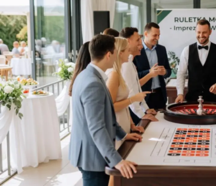 Stół ruletki eventowej z uśmiechniętymi uczestnikami